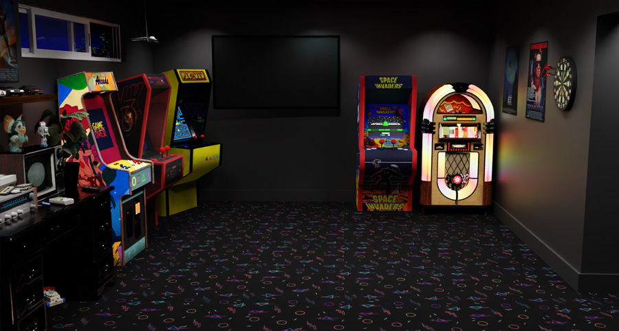 3D 1980s gaming basement roomset for green screen, designed in Blender.